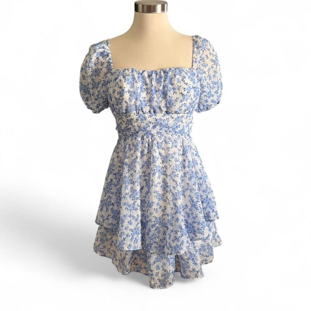 Cottagecore‎ floral City Triangles Blue Floral Ruffled Puff Sleeve Dress Size 3
